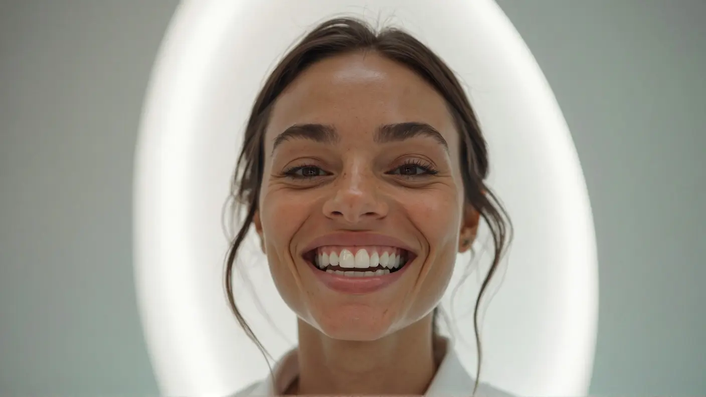 Smiling woman with illuminated background halo.